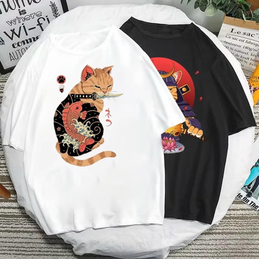 Catana T Shirts 90s Vintage Japan Aesthetics Tops Funny Cartoon Cat Print Tee Women Men Fashion Short-sleev Tees Shirt