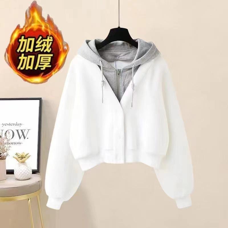 

Женский осенне-зимний модный свободный и плюшевый толстый кардиган с капюшоном на молнии XXXL белый