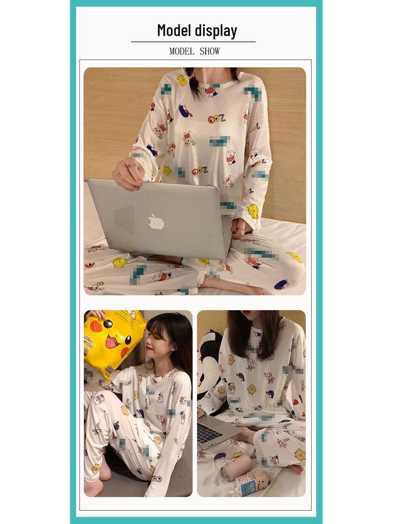 Niedliches Cartoon Damen Pyjama-Set: Rundhalsausschnitt, lange Ärmel, lange Hose – Bequem, vielseitig, perfekt für zu Hause oder draußen im Herbst und Winter