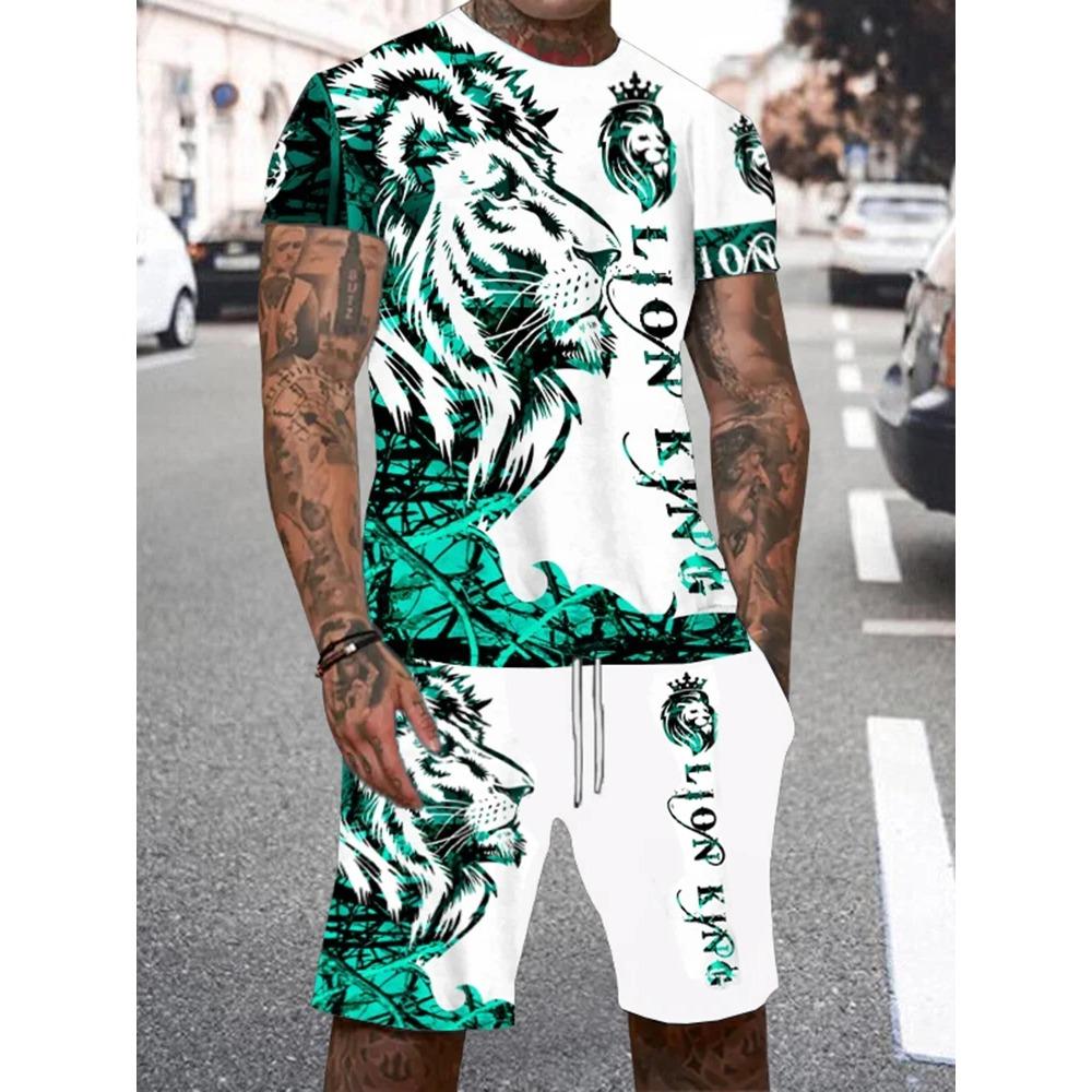 Men's Summer Casual Everyday Short Sleeve and Shorts Set Cool The Lion King Print T-Shirt and Drawstring Short Set Men's Set
