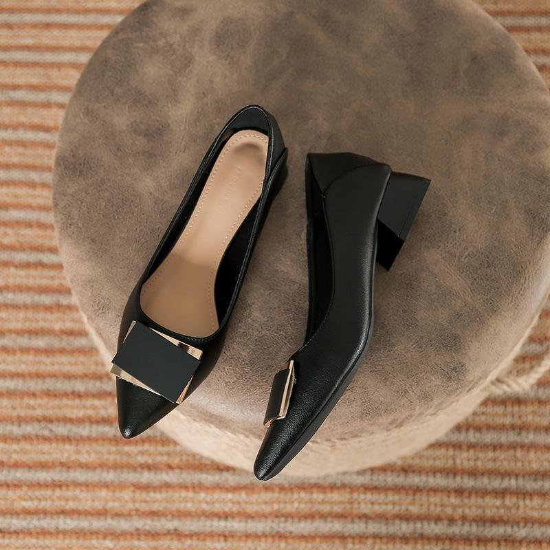 Leather black pointed thick heel low heel single shoes women's spring and autumn temperament versatile metal buckle professional commuter work women