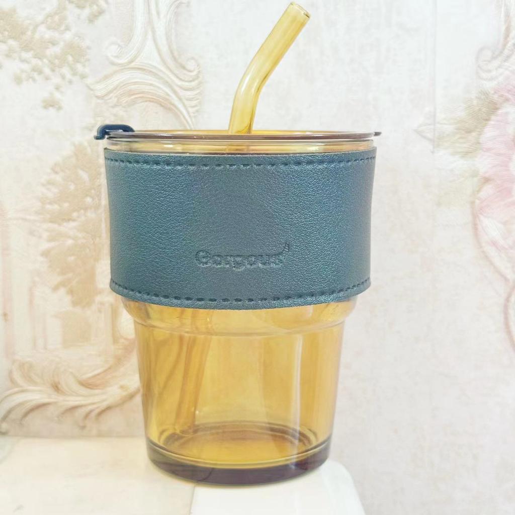 Vertikales Muster Bambusbecher mit Deckel Hochwertiger Strohhalm Glas Geschenkbecher Büro Kaffeetasse