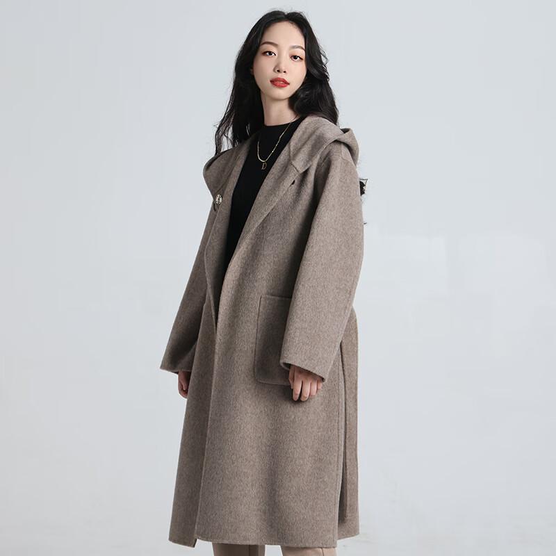 Yiliteng Women's Double-Faced Pure Wool Long Coat with Belt