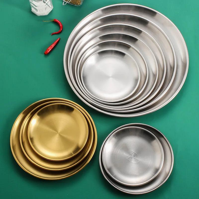 6Pcs Stainless Steel Metal Round Dining Disc Bone Spitting Dish High Quality Shallow Tray Silver BBQ Disc Kitchen Plate