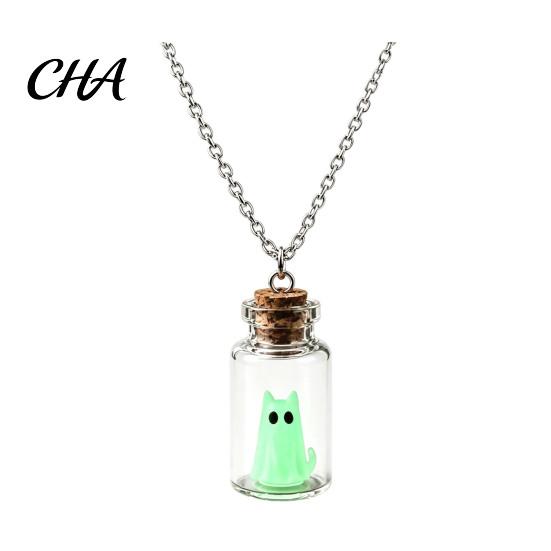 Goth Jewelry Collection Ghost in Bottle Necklace, Glow The Dark Halloween Glass Pendant Charm Jewelry, Adopt A Ghost/Cat/Dog Necklace for Men