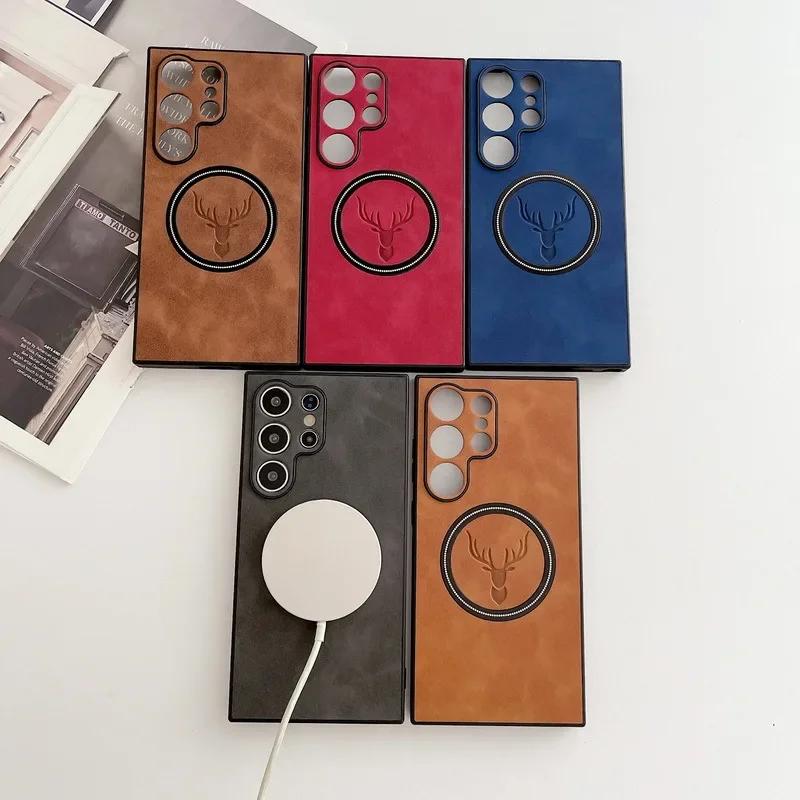 Deer Leather Protection Case For Samsung S25 Ultra S24 FE S23 Plus MagSafe Magnet Soft TPU Shockproof Cover For Galaxy S22 S21