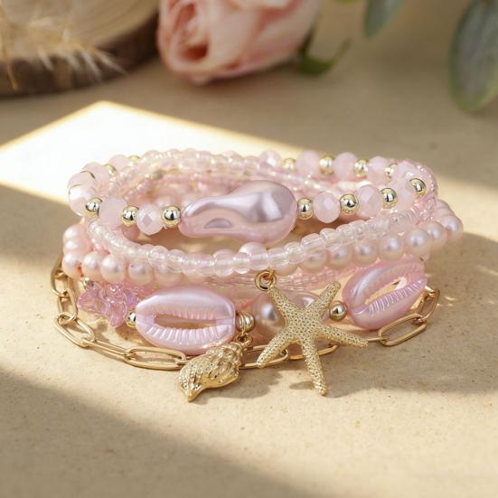 Summer Beach Bracelet for Women Faux Pearl Seashell Starfish Boho Layered Beaded Bracelets Handmade Stretch Bracelet