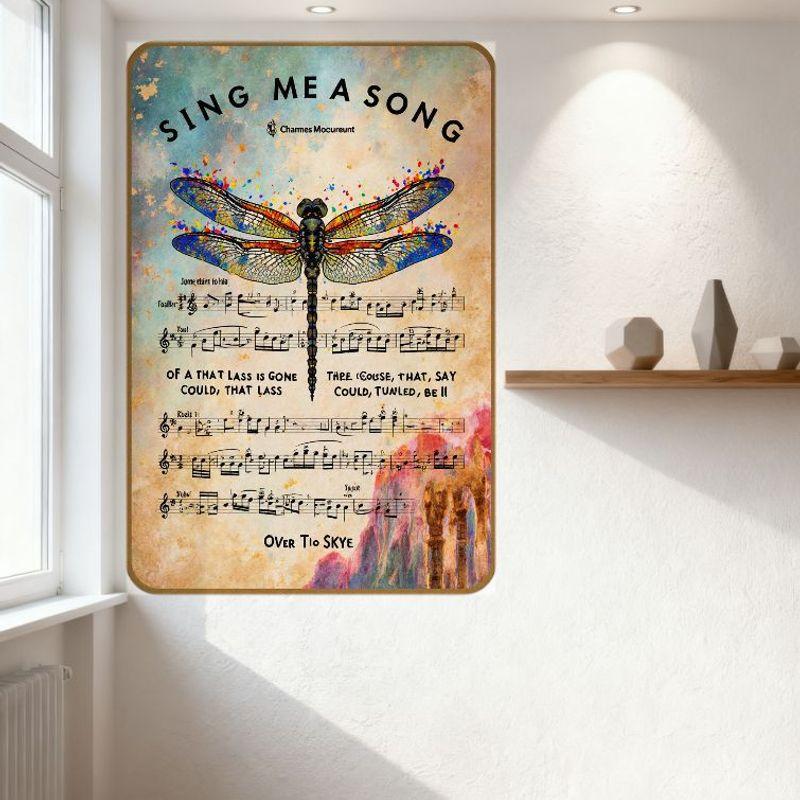 Vintage 'Sing Me A Song' Dragonfly Tin Sign - Musical Art Tin Plaque for Home Bar Man Cave Decor with Splattered Painterly Style