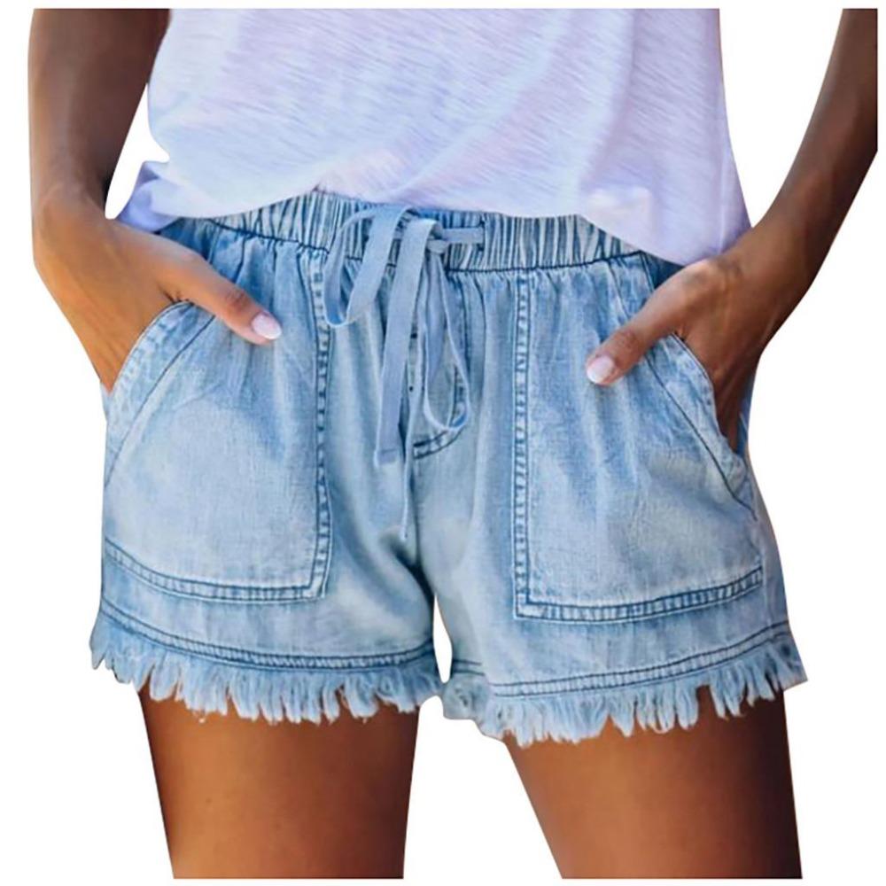 Leee Womens Pocket Jeans Denim Pants Female Tassel Bandage Bottom Casual Shorts