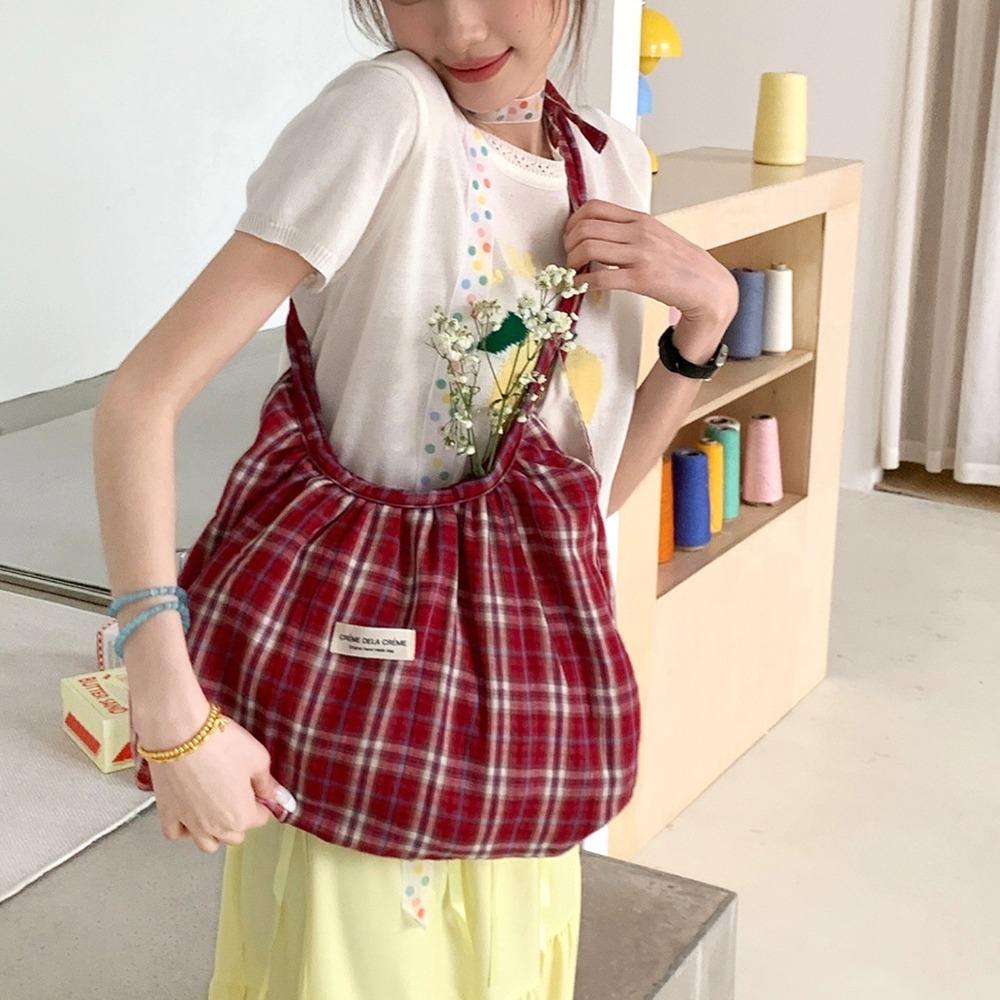 

Korean Style Pleated Shoulder Bag Lightweight Canvas Dumpling Bag Plaid Crossbody Bag Outdoor