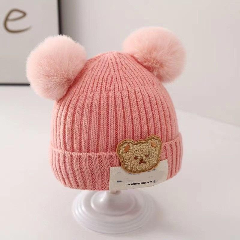Baby autumn and winter cute cartoon warm hairball wool hat boys and girls baby ear protection hat children pullover knitted hat