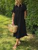 European and American Plus Size Striped Short-Sleeve Shirt Dress - Women's Summer Casual Midi Skirt