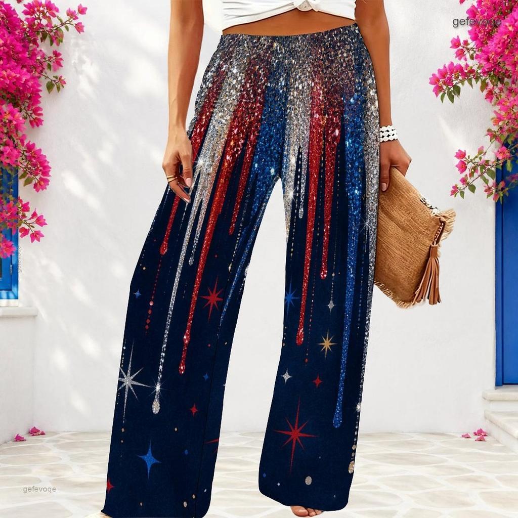 Women Plus Size Red Blue White Star Printed Loose Wide Leg Full Length Casual Pants