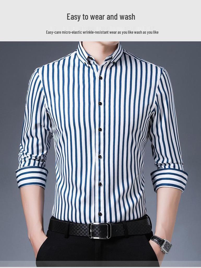 Men's Spring Easy-Care Striped Long Sleeve Stretch Slim Fit Shirt - Iron-Free Business Wear