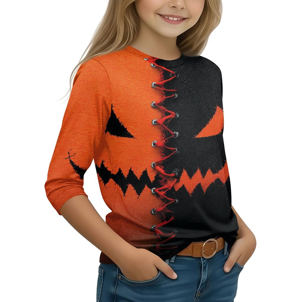 Girls Halloween Pumpkin Witch Print Long Sleeve Neck Casual Tee