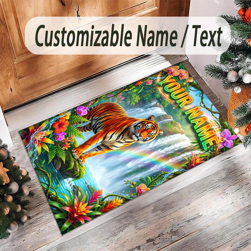 Leopard Theme Crystal Velvet Floor Rug Personalized Custom Name Text Warm Carpet Home Decoration