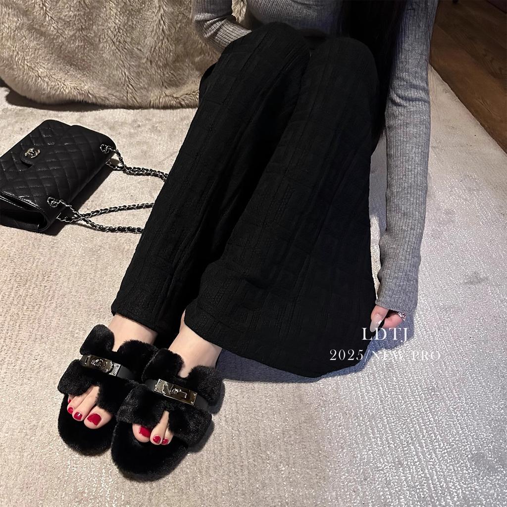 Suding Home "Mao Mao Tuo" Summer Gentle Fashion Versatile Premium Sense Flat Bottom One Word Plush Cotton Slippers Women's New