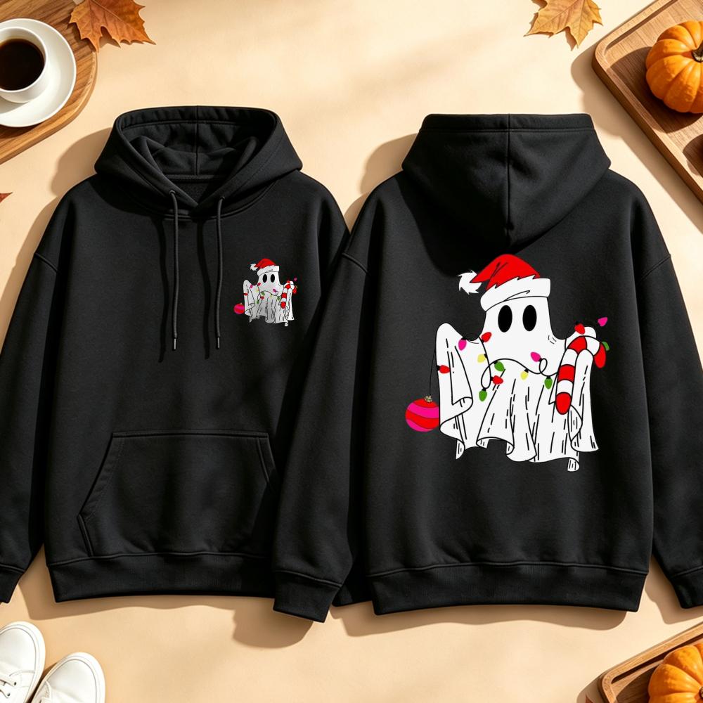 Funny Christmas Ghost Sweatshirt String Lights Candy Cane Graphic Long Sleeves Pullover Spooky Holiday Xmas Tops Women