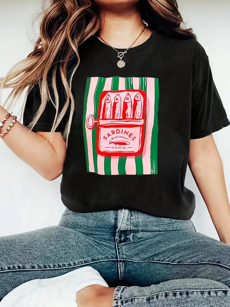 Sardine Pattern T Shirt Retro Food Art Graphic Tee Unisex Quirky Aesthetic Tops Summer Casual American Streetwear