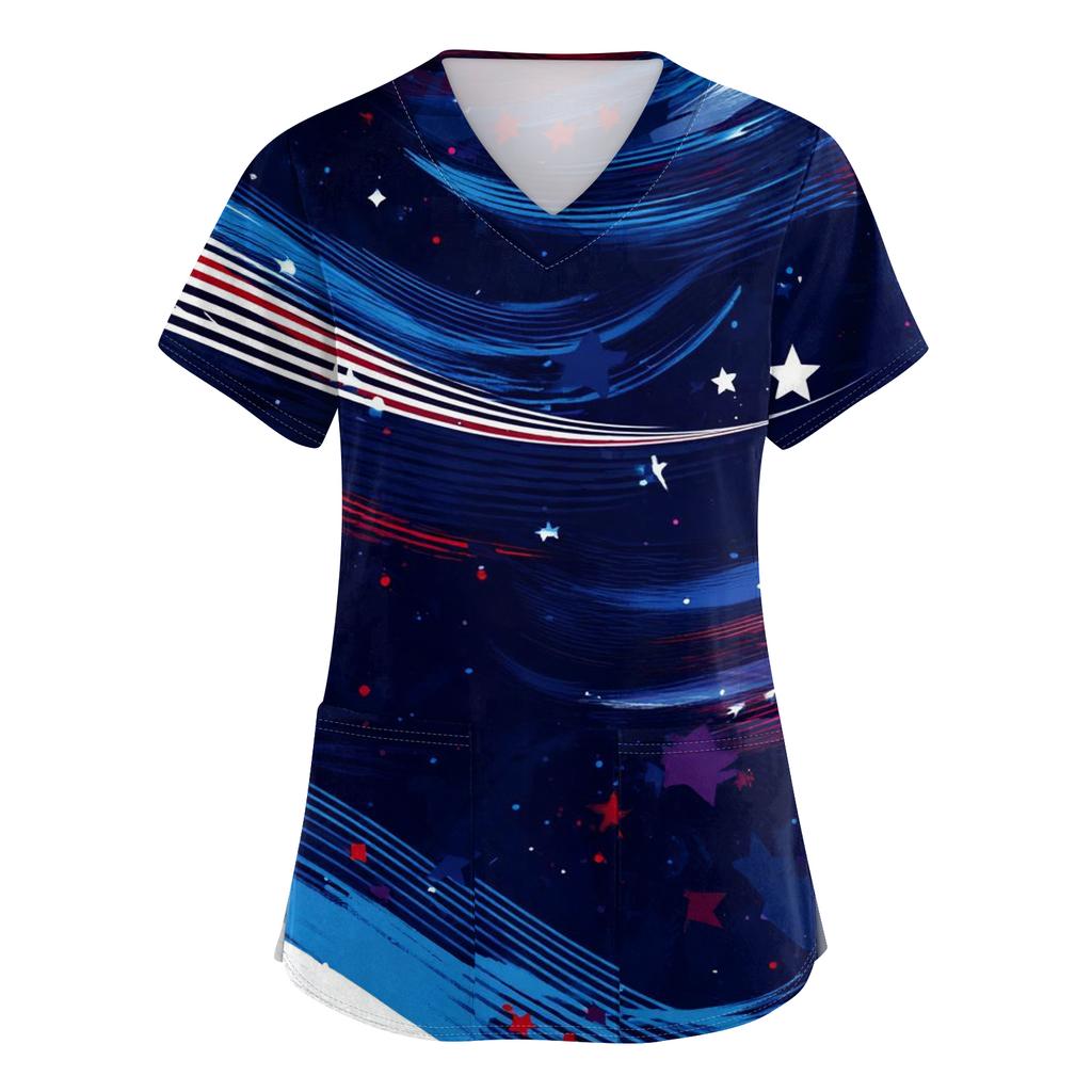 Damen V-Ausschnitt Unabhängigkeitstag Aufdruck Kurzarm Tasche Seitenöffnung Schutzkleidung Arbeitshemd