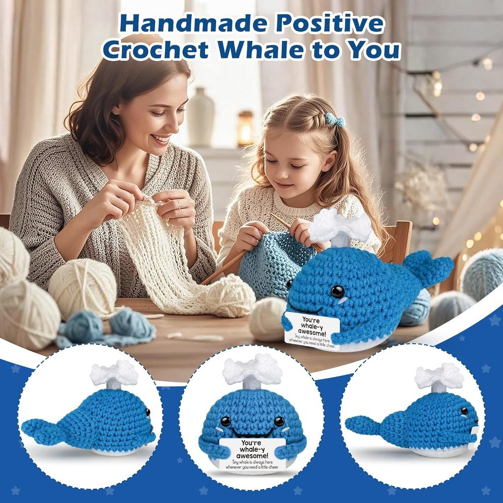 Funny Crochet Emotional Support Whale Gifts Desktop Ornament Handmade Knitted Whale Doll With Card Home Room Christmas Decor