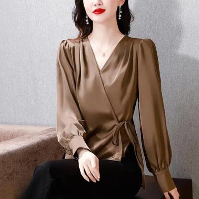 Spring Autumn Solid Color V-neck Long Sleeve Fashion Shirt Women High Street Casual Loose Lacing Cardigan Elegant All-match Tops