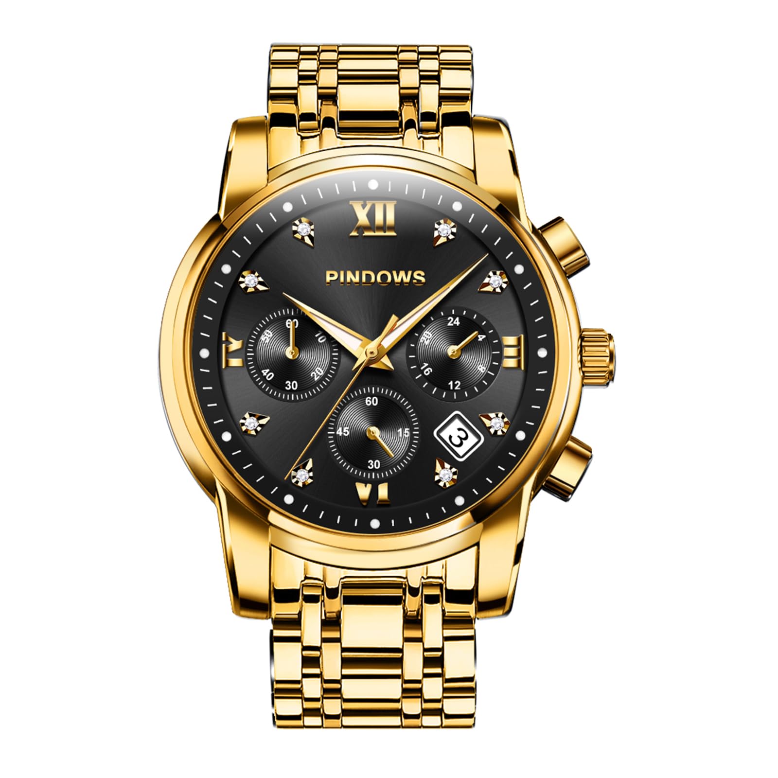 PINDOWS Watch Diamond Business Dress Analog Quartz Watch Luxury Waterproof Luminous Date Stainless Steel Band Classic Fashion Watch Men s Two-Tone
