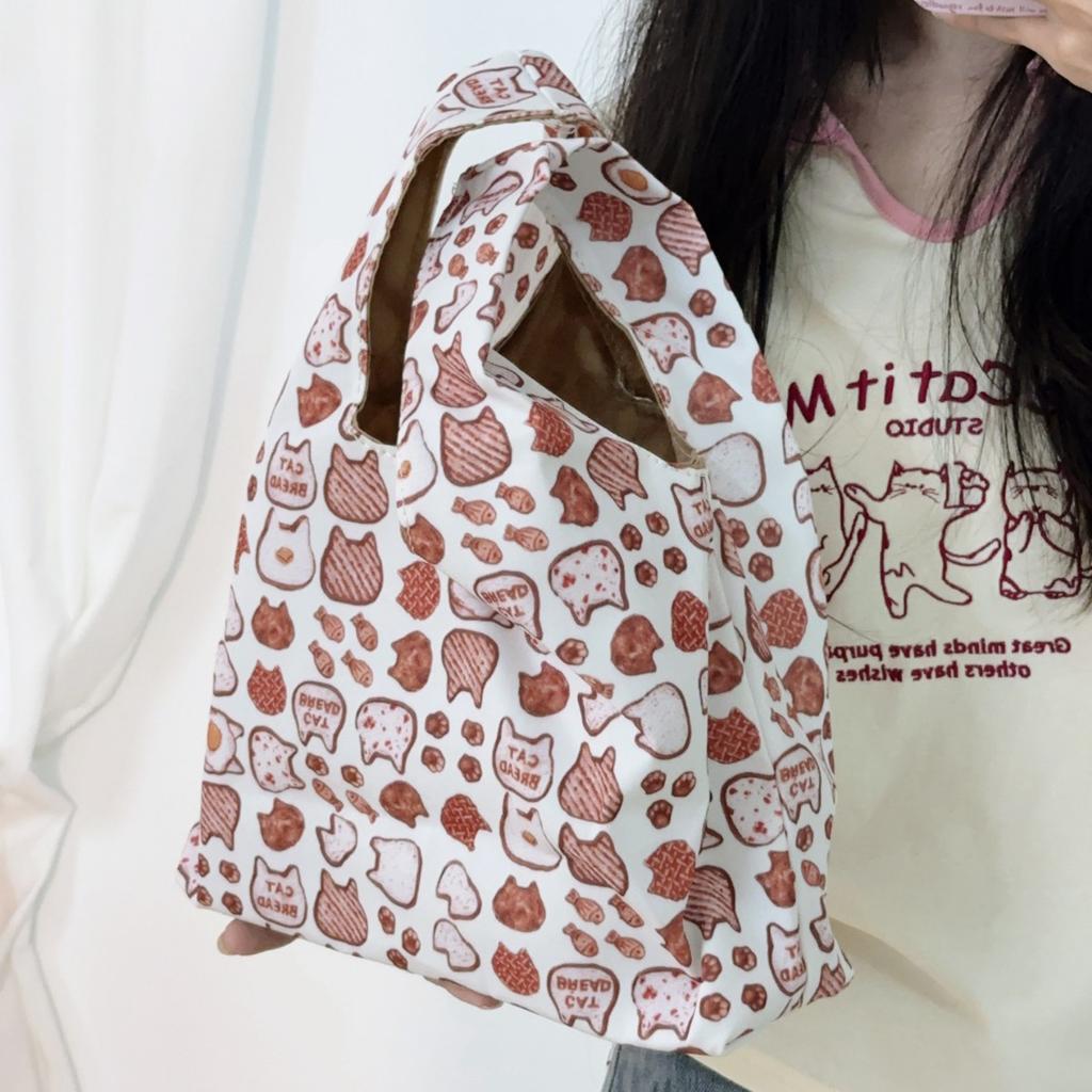 Japanese Style Cartoon Cat Bucket Bag Student Handbag 2024 New Simple Commuter Lunch Bag Outdoor Storage Bag