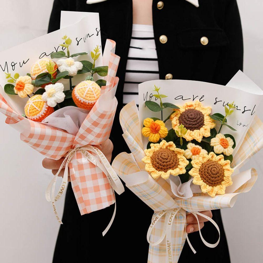 Sunflower Crochet Flower Bouquet Woven Preserved Flower Quality Knitted Flower  Graduation Gifts