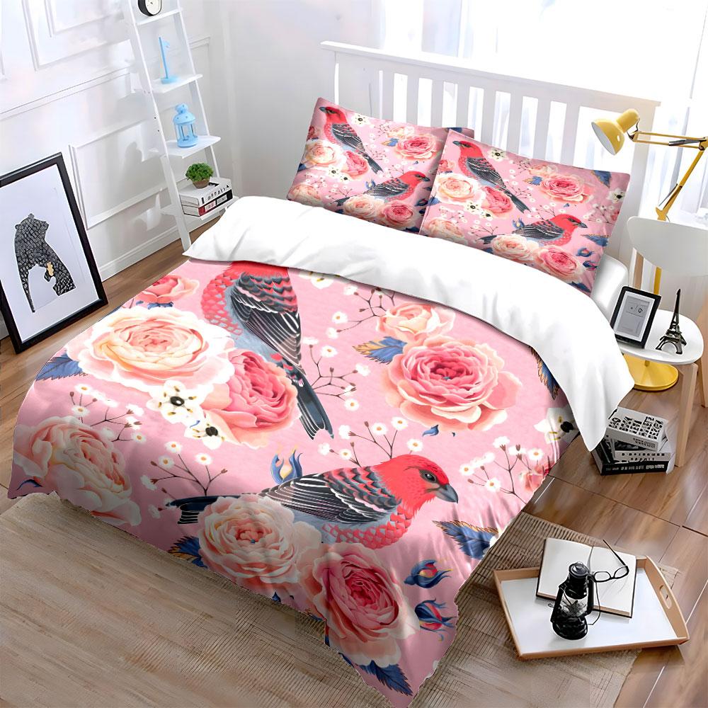 Retro Floral And Bird Themed Patterns Bedding Set For Kids Luxury Gift 3Pcs Digital Print Comforter Set Soft Comfortable