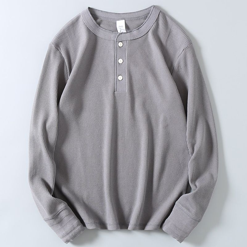260G Heavy Weight Double-Sided Waffle Henry Collar Long Sleeves T-shirt Men's Fall and Winter Vintage Casual All-Matching Solid Color Bottoming Shirt