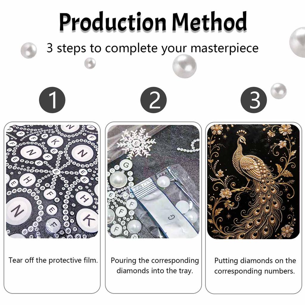 This pearl painting kit features 5D gold peacock pearls and a mosaic art style. designed for elegant home wall decoration.