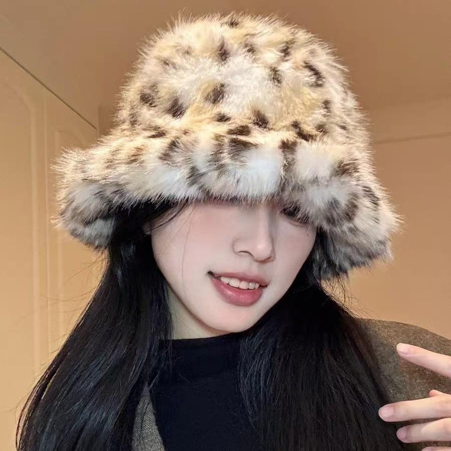 Korean Version, Leopard Print, Plush Fisherman Hat, Female, Autumn and Winter New Style, Small Face, Ear Protection Hat, Thick and Warm, Faux Fur Hat