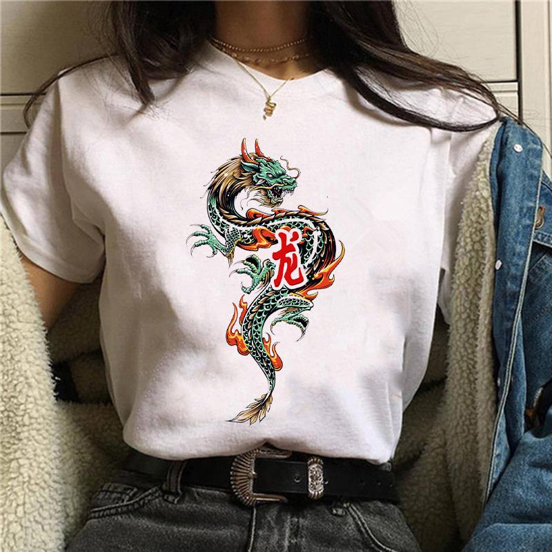 Harajuku Chinese Dragon Print Popular Fashion Trend Largesized Thin Unisexs and Womens Same Shortsleeved Tshirt Graphic