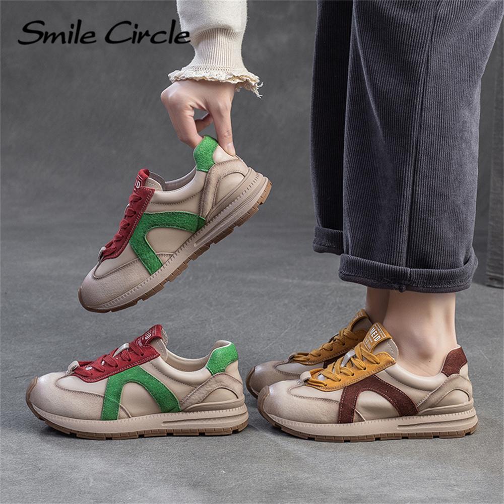 Damen Freizeitschuhe aus echtem Leder mit runder Zehenpartie und Schnürung, modische und bequeme Sneakers