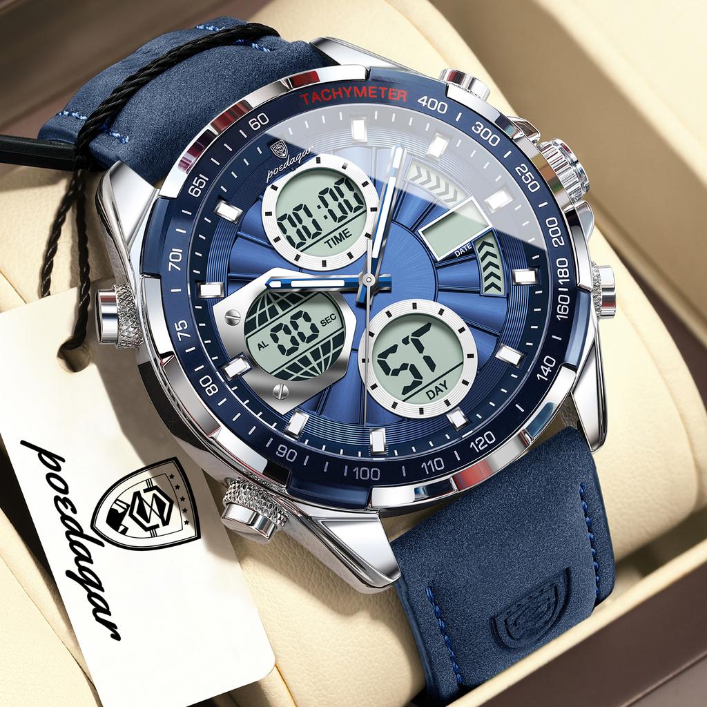 POEDAGAR Men Wristwatch Week Date Digital LED Quartz Fashion Clock Alarm Dual Time Display Electronic Luminous Watches