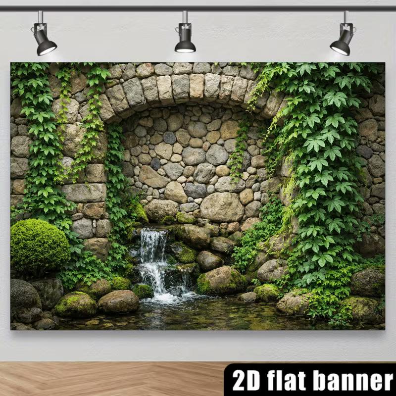 Arazzo da Parete Cascata Specchio Muro di Pietra ad Arco 2D con Edera