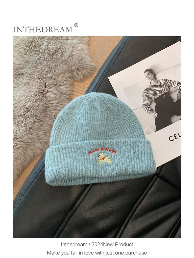Cute puppy embroidered knitted hat female 2025 season wool hat showing small face big head circumference cold hat white