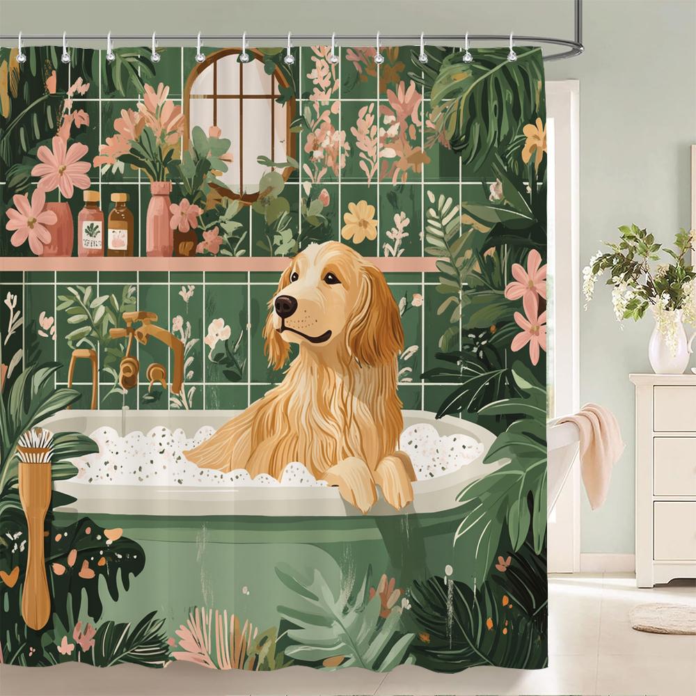 Nordic Style Flowers Leaves Animals Shower Curtain Cat and Dog Printed Bathroom Bath Curtain Home Decoration Curtain With Hooks