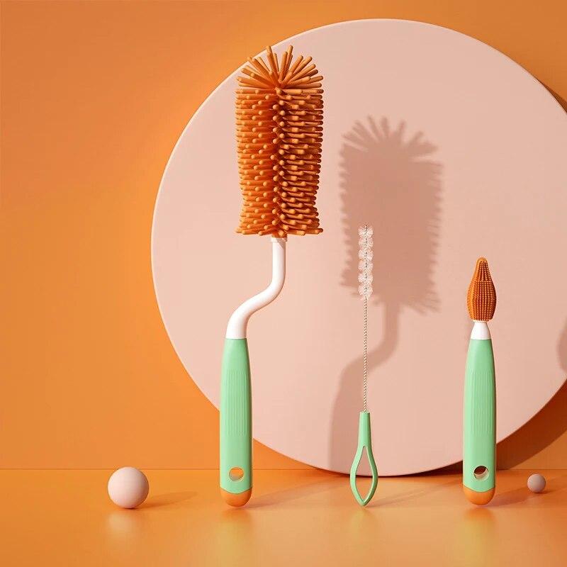 3-piece Silicone Bottle Brush 360° Rotating Baby Nipple Brush Bottle Brush Brush Bottle Cleaning Brush Set
