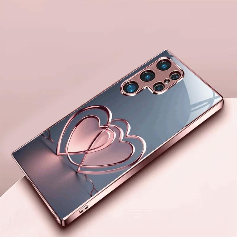 Rose Golden Heart Link Pink Glass phone case for Samsung Galaxy S26 S25 S24 S23 S22 FE Ultra Plus Anti Drop Back Cover