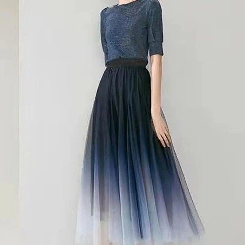 Eleganta tyllkjolar Dam Hög midja Gradient Mesh Plisserad Midikjol Koreansk Elastisk Lös Casual All Match A-linjekjol
