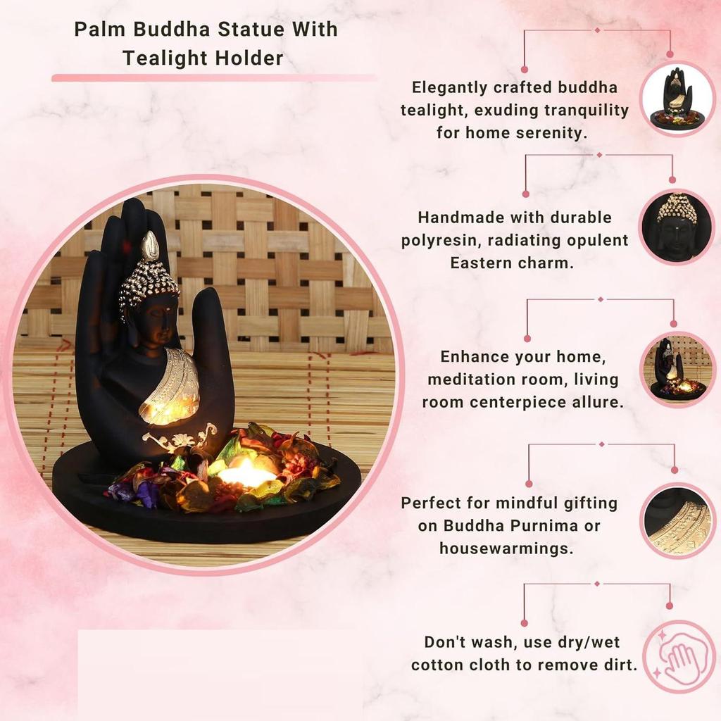 Black Golden Resin Palm Buddha Statue Potpourri Tea Light Holder| Lord Buddha Statue for Living Room| Gautam Buddha Idol for Home Decor|