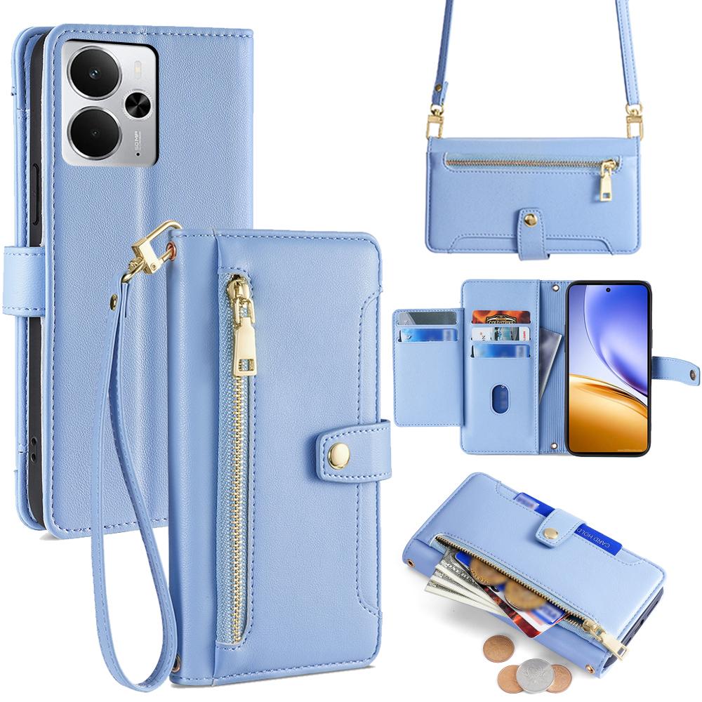 For Realme 14 5G Leather Case Zipper Pocket Wallet Phone Cover with 2 Straps