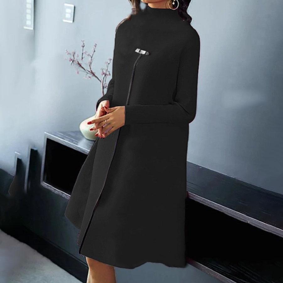 Oose High Neck Dress Fashion New Office Lady Autumn Elegant Solid Long Sleeved Large Hem A-line Mid Length Dresses for Women