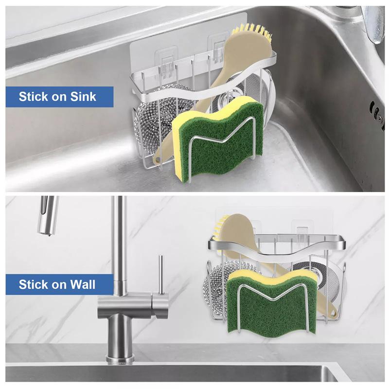 Multifunctional Sponge Holder Kitchen Sink Organizer Rustproof Stainless Steel Sink Caddy For Sponge Brush Sink Stopper Scraper