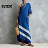 Women Casual Dress One Shoulder Maxi Dress, Color Block Loose Solid Long Summer Beach Vacation Flowy Sundress with Pockets Elegant