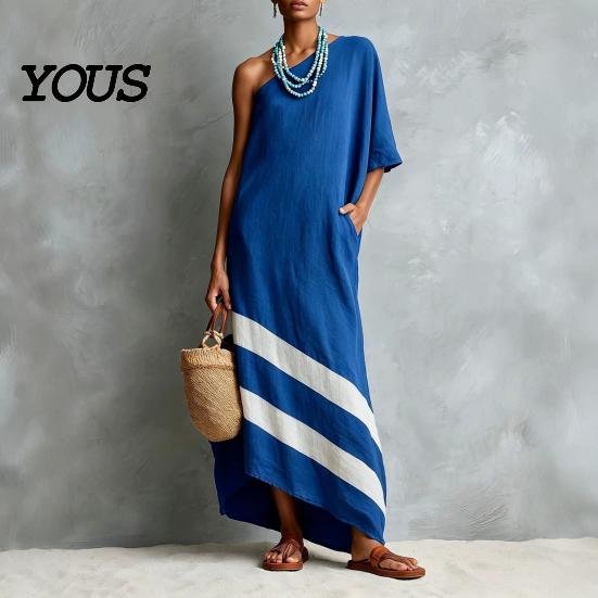 Women Casual Dress One Shoulder Maxi Dress, Color Block Loose Solid Long Summer Beach Vacation Flowy Sundress with Pockets Elegant