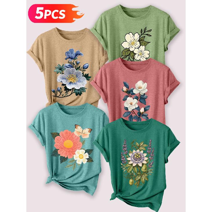 Follow a specific direction Five-piece set for women T Shirt Vintage Floral Illustration Print Summer Casual Elegant Women's Clothing Short Sleeve