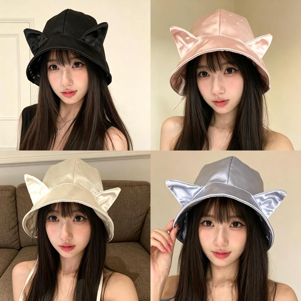 Classic Polyester Double Sided Cat Ear Bucket Hat With Sun Protection For Casual Summer Wear